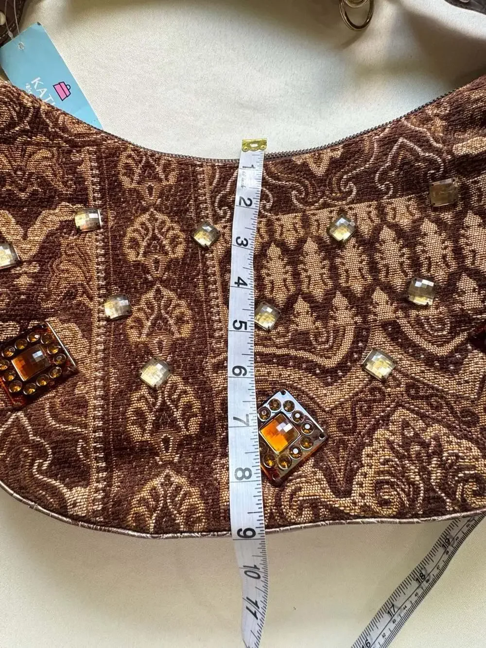 Y2K Tapestry Baguette Hobo Bag Rhinestone Charm Faux Fur Boho Maximalist NWT